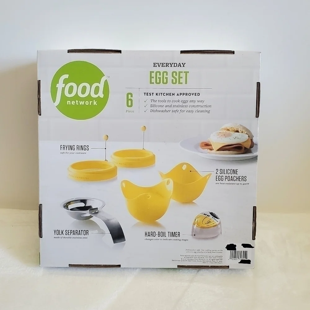 FOOD Network 6 Piece Egg Set Yolk Separator Egg Poachers Frying Rings Timer NIB